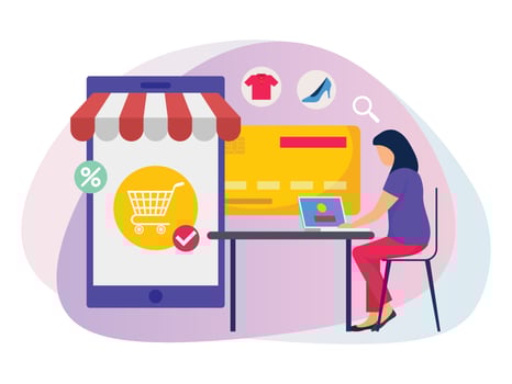 Woman sitting on chair adding items in cart and doing payment for online shopping illustration. vector