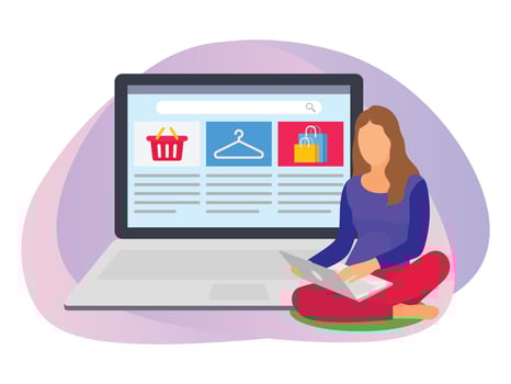 Woman searching products in online shopping website illustration. vector