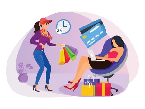 Girls doing online shopping illustration. vector