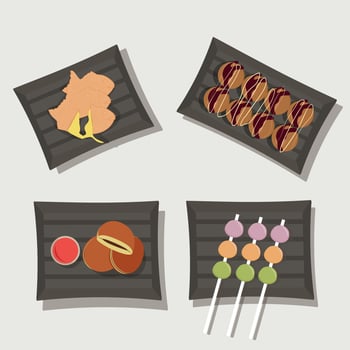 Japanese national cuisine. Vector illustration of mochi, doroyaki and takoyaki.
