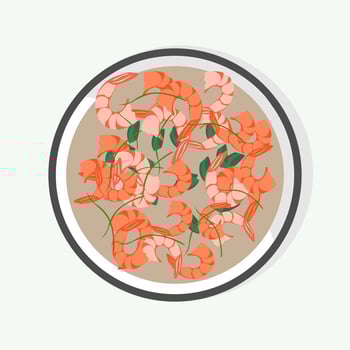 Chinese cuisine food. Shrimps with greens on a plate vector illustration.