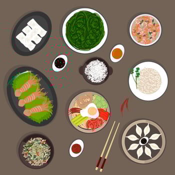Chinese national cuisine, pancakes, sea kale, dumplings, rice with vegetables, noodles, fried octopus and shrimp. vector