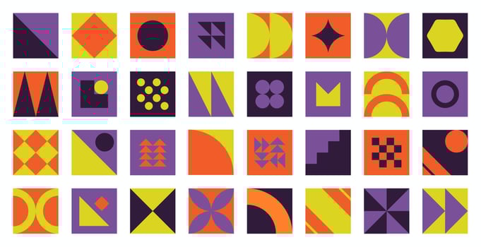 Bauhaus elements. Modern geometric abstract shapes in minimal style. Brutalism basic forms, lines, eye, circles and patterns, art vector set. Colorful figures and dots simple design.