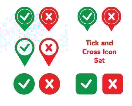 Tick and cross signs. Green checkmark OK and red X icons, isolated on white background. Grunge marks graphic design. Circle symbols YES and NO button for vote, decision, web. Vector illustration