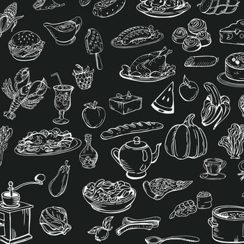 Farmer's market background with line icons. Fruits, vegetables, eggs, meat and fish - Vector