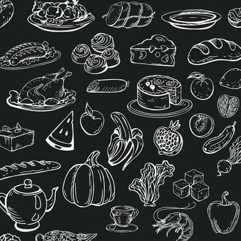 Farmer's market background with line icons. Fruits, vegetables, eggs, meat and fish - Vector