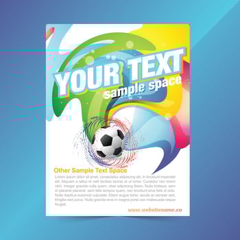 Soccer ball banner for football game sport club template. Football or soccer ball with colorful ribbon swirls and text layout for sport competition match flyer or championship tournament promo design vector