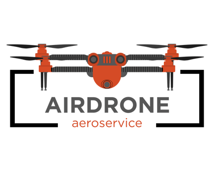 Drone Logo in realistic style. Quadcopter with camera. Colorful PNG illustration.