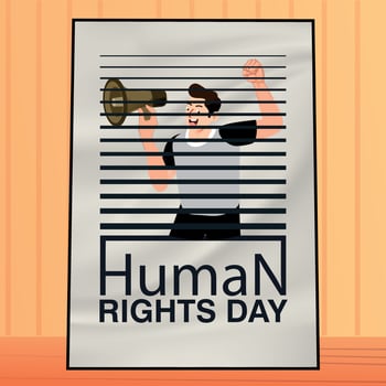 Illustration of people defending human rights with megaphone behind grate. Happy international world human rights day. Human rights day banner of diverse people hands vector image.