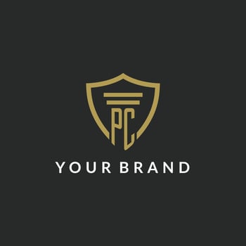 PC initial monogram logo with pillar and shield style design vector