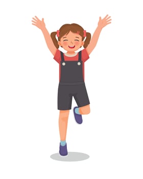 cute little girl get excited jumping with both hands raise up feeling happy vector