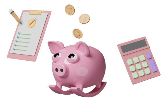 piggy bank and check list with clipboard, pencil, calculator, check mark, coin isolated. concept 3d illustration or 3d render png