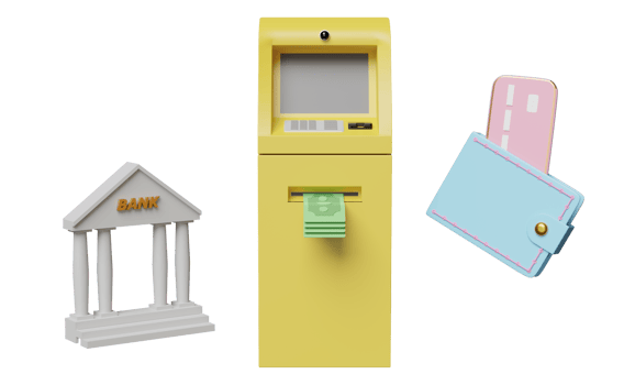 withdrawal cash with yellow atm machine transaction, check mark, credit card, wallet, bank or tax office building isolated. 3d illustration, 3d render png