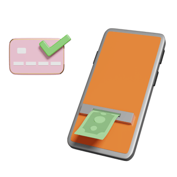 mobile phone, smartphone with banknote, check mark, credit card isolated. withdrawal cash with atm machine transaction concept, 3d illustration, 3d render png