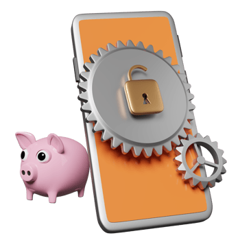 mobile phone, orange smartphone with gear, unlock, piggy bank isolated. Internet security or privacy protection or ransomware protect concept, 3d illustration or 3d render png