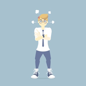 angry, mad man arms crossed, depression and melancholy, expression emotional concept, vector illustration cartoon flat character design clip art