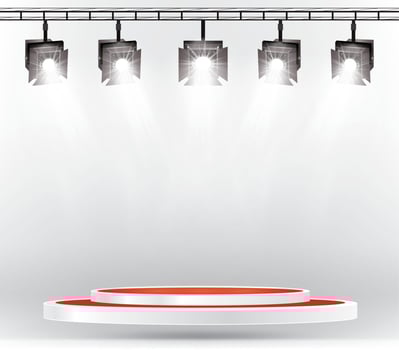 Stage Illumination Effects with Spotlights and Podium. Vector Illustration.