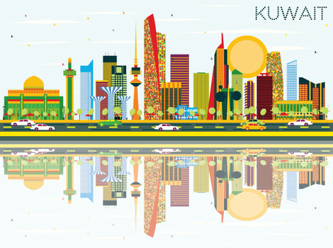 Kuwait Skyline with Color Buildings, Blue Sky and Reflections. vector