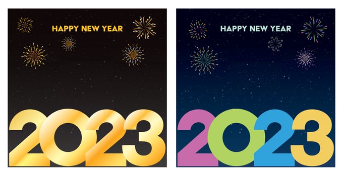 Happy New Year 2023 calligraphy with abstract colorful fireworks on night sky background have blank space. Greeting card square template. vector