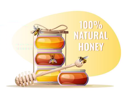 Jars of honey with a wooden spoon on a yellow background. Advertising poster, banner, sticker, background. vector