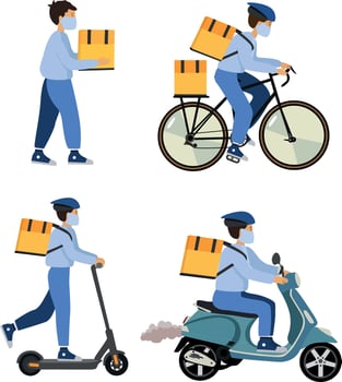Set of couriers. Courier on electric scooter, bicycle, moped, online delivery, online order tracking, home and office delivery. Fast delivery vector