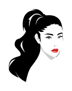 beautiful woman portrait wavy hair ponytail. red lips. silhouette vector. isolated white background. vector