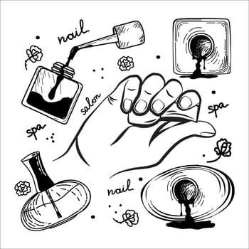 Hand with nail polish bottle, nail polish bottles, spilled nail polish, hand-drawn sketch style doodle elements. Spa. Manicure. Concept of beauty salon and spa treatments. Hand care. Simple vector