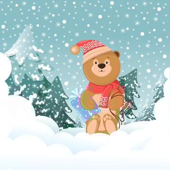 A New Year's, fabulous winter forest with Christmas trees, falling snow, snow drifts and a bear sitting on the snow in a red hat and scarf with a gift. New Year's children's illustration vector