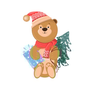 A kind New Year's bear in a hat and scarf with a pattern. With a gift in his paws and a Christmas tree behind his back vector