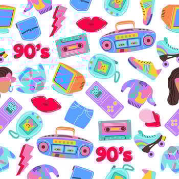 Seamless pattern with trendy patch badges with woman, lips, tape recorder, speech bubbles and other elements on white background. Vector illustration on theme fashion 90s.