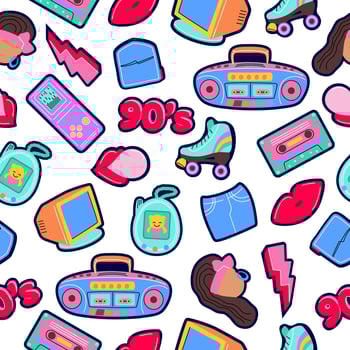 Seamless pattern with trendy patch badges with woman, lips, tape recorder, speech bubbles and other elements on white background. Vector illustration on theme fashion 90s.