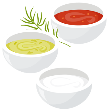 Sauce set, ketchup, wasabi, mayonnaise with dill png