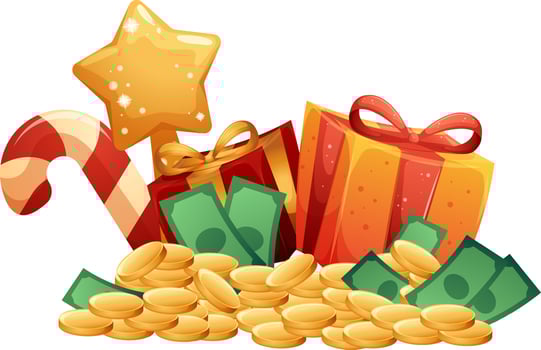 Christmas gifts, winter raffle of money, pile of banknotes and coins vector