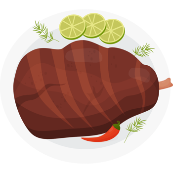 Big leg meat grilled in plate with lime slices and chili peppers. png