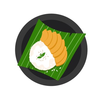Thai dessert mango with sticky rice. Hand drawn illustration vector
