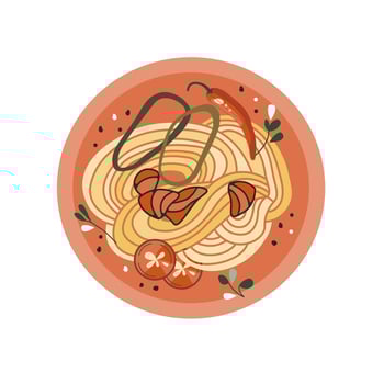 Udon or ramen soup. Asian food sticker. Noodles with salmon, and hot pepper. Suitable for restaurant banners, logos, and fast food advertisements. Korean or Chinese food. vector