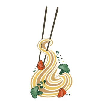 Noodles with salmon and broccoli. Suitable for restaurant banners, logos, and fast food advertisements. Korean or Chinese food. Asian food. vector