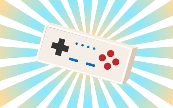 Old retro vintage hipster poster with joystick with buttons for game video console for gamers from 70s, 80s, 90s against the background of the blue rays of the sun. Vector illustration