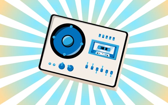 Old retro vintage poster with music cassette tape recorder with magnetic tape babbin on reels and speakers from the 70s, 80s, 90s the background of the blue rays of the sun. Vector illustration