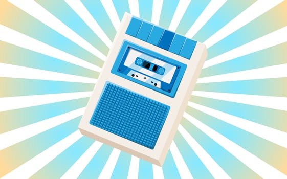 Old retro vintage hipster poster with voice recorder with music audio tape cassette for voice recording from 70s, 80s, 90s against the background of the blue rays of the sun. Vector illustration