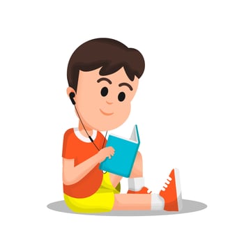 a boy reading a book while using a headset vector