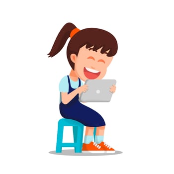 little girl looks very happy playing with her gadget vector