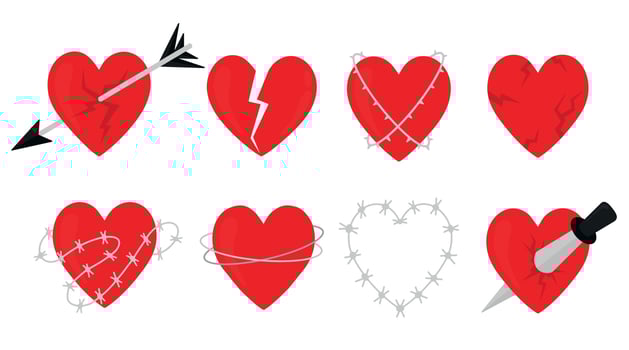 Broken heart icon set. A heart in barbed wire, a broken heart, a chained heart. Valentine vector illustration.