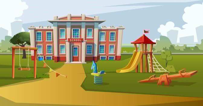 Vector cartoon style illustration. School building with kids play area infront.