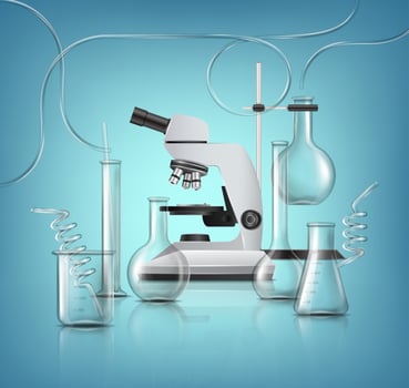 3d realistic vector icon.  Pharmaceutical and medical background. Laboratory glassware with test tubes, beakers and pipeline and microscope.