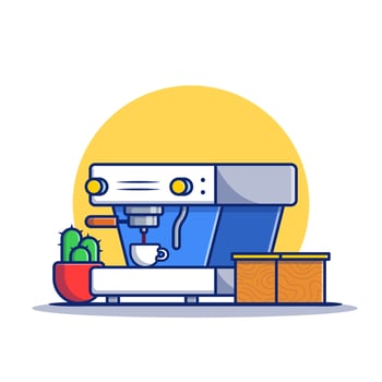 Coffee Machine Pod, Cup, Cactus And Box Cartoon Vector Icon Illustration. Coffee Machine Icon Concept Isolated Premium Vector. Flat Cartoon Style