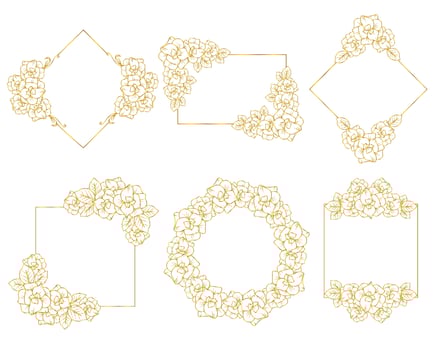 flower wreath element with golden floral frame collection and hand drawn line art illustration vector