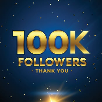 100k followers celebration vector banner with text. Social media achievement poster. 100k followers thank you lettering. Golden sparkling confetti ribbons. Gratitude text on red gradient backdro