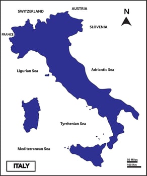 Map of Italy with blue country color and white background and countries border, France, Switzerland, Austria, Slovenia. Vector, isolated vector
