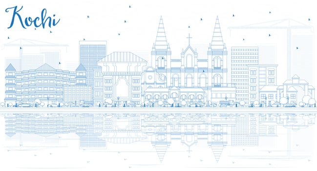 Outline Kochi Skyline with Blue Buildings and Reflections. vector